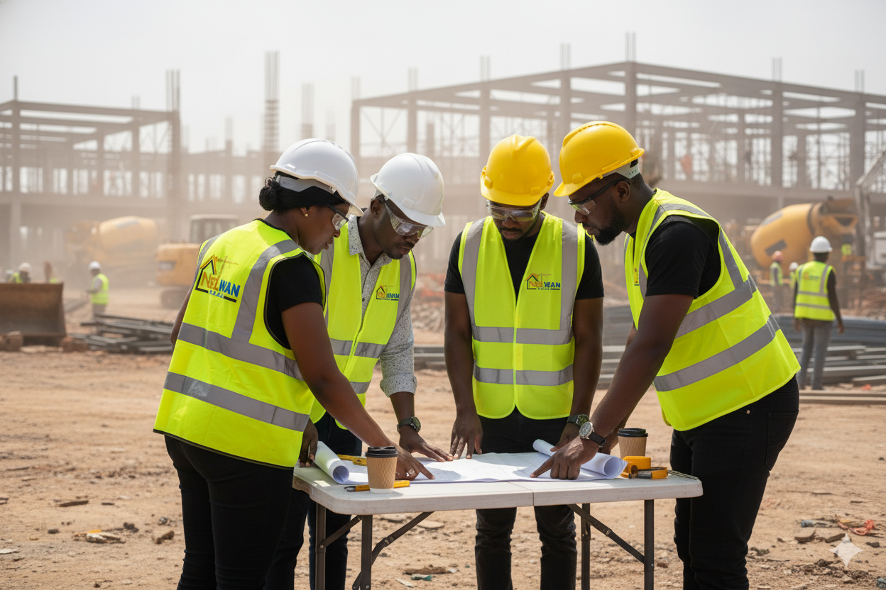 Équipe NELWAN SARL sur chantier examinant les plans de construction